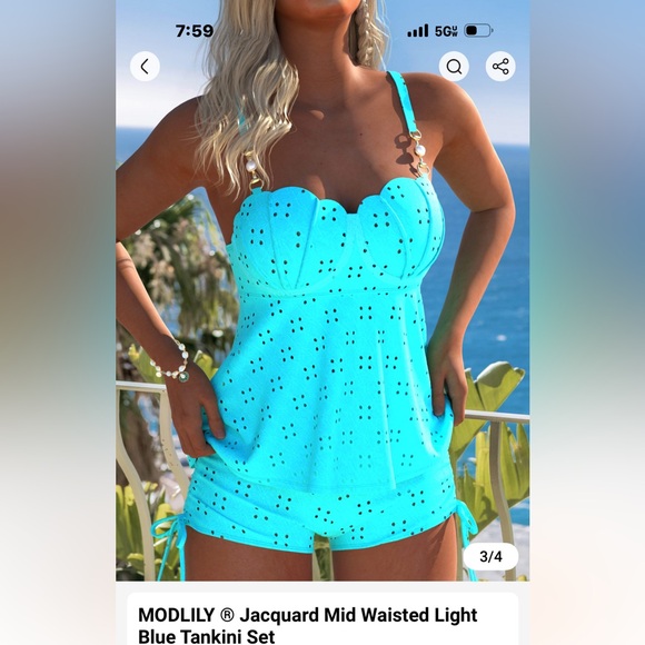 Other - Jacquard Mid Waisted Light Blue Tankini Set- new without tags